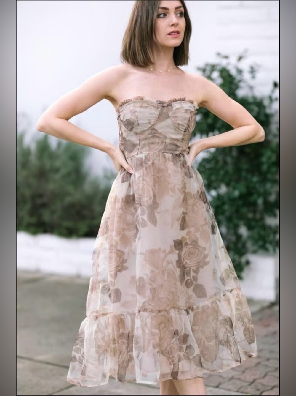 Morning Lavender Strapless Floral Midi Dress in Taupe Beige